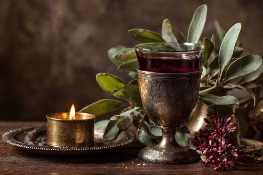 Shabbat Blessing Essentials: Havdalah Candle, Wine Cup, and Aromatic Herbs for a Jewish Religious Ceremony