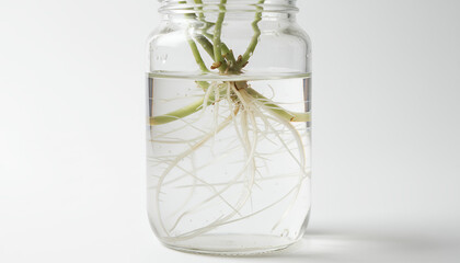 Plant Cutting Propagation: Close-up of White Roots Growing Hydroponically in Clear Glass Jar on Clean White Background