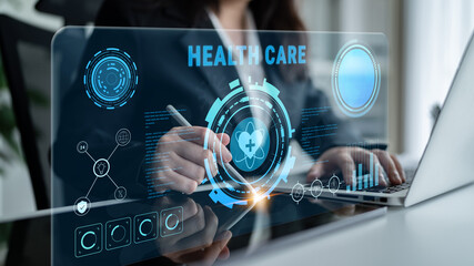 Digital health care technology and medical data dashboard concept. An interface for patient information, diagnostics, and monitoring health records. Motif