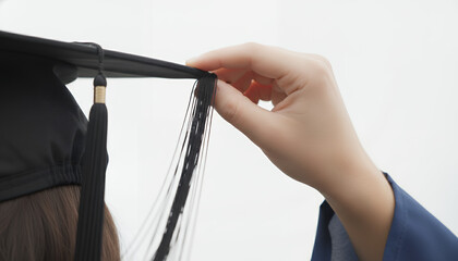 Close-up of Graduate Hand Flipping Tassel on Mortarboard Cap. Academic Achievement, College Success, and Education Milestone Ceremony.
