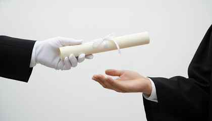 Formal Graduation Ceremony: Hand in White Glove Presents Diploma Scroll, symbolizing educational achievement, success, and official certification.