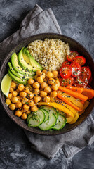 Top view of a vegan buddha bowl with quinoa, avocado, chickpeas, and colorful veggies, clean layout, vertical food shot