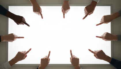 Diverse Business Hands Pointing Fingers Down at Bright Copy Space. Teamwork, Collaboration, Consensus, Meeting Focus Background.