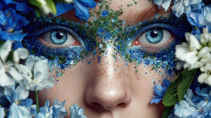 Elegant female face with shimmering fantasy makeup and vivid blue eyes, encircled by fresh spring flowers, natural beauty impression