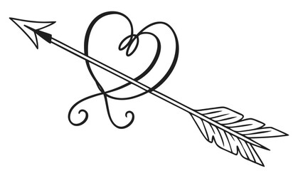 A delicate black and white illustration of an arrow piercing through a heart simple design silhouette