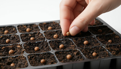 Close-up of Hand Sowing Seed into Soil Starter Tray. Detailed View of Spring Gardening Preparation, Cultivation, and New Life Concept.