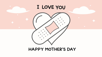 A charming illustration of a bandaged heart with clouds and text expressing love and mother s day silhouette