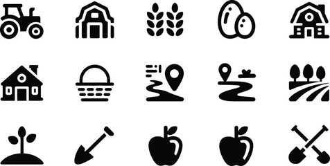 Black and white farm icons and symbols in a grid layout © LailaArtworks
