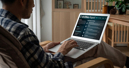 AI ethics responsibility standard law and rules on computer screen provide report of AI ethic transparency preventing technology crime. brisk