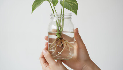 Pothos plant cutting propagating in water. Hands holding glass jar showing healthy roots against white background.