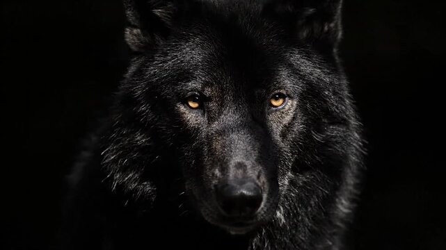 Intense gaze of a black wolf with piercing amber eyes in dramatic, dark lighting