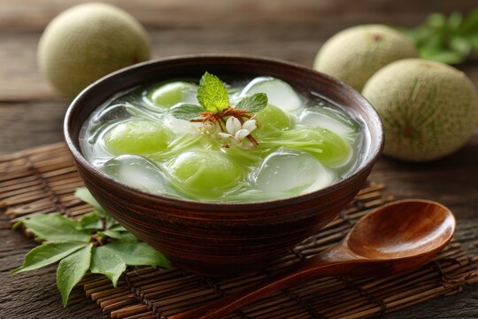 Delicious Lod Chong: Thai Pandan Jelly Dessert Served with Cantaloupe in Creamy Coconut Bliss