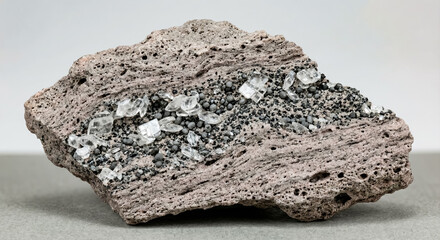 Glassy transparent sanidine feldspar crystals resting on a porous grey fragment of volcanic liparite lava rock.