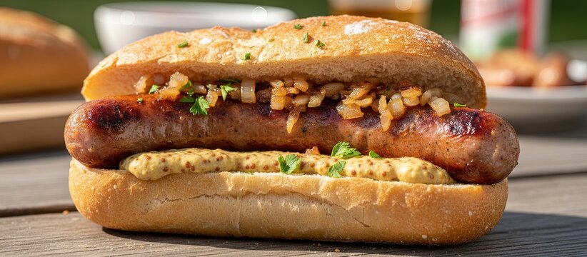 Delicious bratwurst sausage on brotchen roll bread
