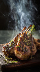 Grilled lamb chops with herbs, dramatic lighting, gourmet barbecue photography