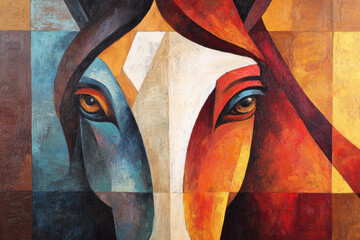 Cubism-style painting of an elegant horses head, fragmented design, vibrant tones