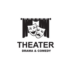 icon of comedy and tragedy theatrical masks with curtains isolated on white background