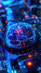 artificial intelligence and machine learning concept with a brain on a motherboard as a CPU