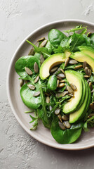 Top view of a healthy green salad with avocado and sunflower seeds, light and clean aesthetic, vertical photo