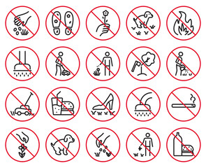 Black and red line lawn prohibitory vector icon set. Big collection of outline round crossed out pictograms for parks, gardens and farms. Classic linear prohibitive symbols, editable stroke