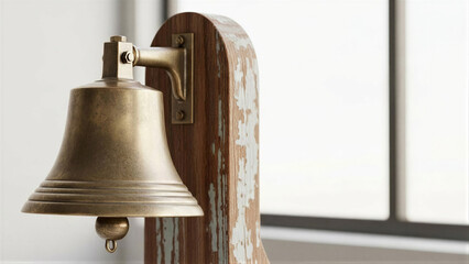 Ship bell on weathered mount with rustic charm. Brass nautical bell hangs from peeling wooden bracket in lit window setting, evoking maritime adventure and seafaring legacy