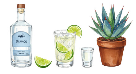 watercolor still life of blanco tequila bottle, highball cocktail, lime, ice, and blue agave plant, isolated on transparent paper texture, graphic design assets concept for high-end bar menu