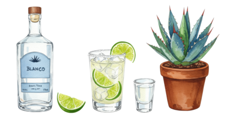 watercolor still life of blanco tequila bottle, highball cocktail, lime, ice, and blue agave plant, isolated on transparent paper texture, graphic design assets concept for high-end bar menu