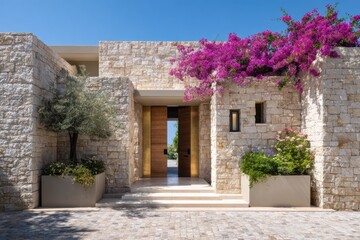 Fototapeta premium Entrance to a stone building with colorful flowers in bloom during daylight hours, surrounded by greenery and a clear blue sky in a warm climate
