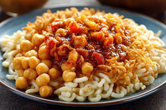 Savoring Kushari: A Close-Up of the Traditional Egyptian Dish with Rice, Chickpeas, and Savory Sauce