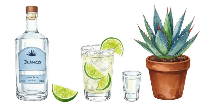watercolor still life of blanco tequila bottle, highball cocktail, lime, ice, and blue agave plant, isolated on transparent paper texture, graphic design assets concept for high-end bar menu