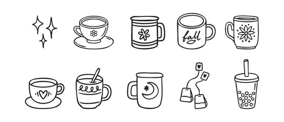 Cozy autumn doodle set of cozy mugs collection, line art monochrome hand drawn outline © Yanka
