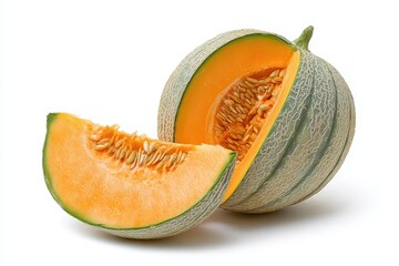 Vibrant Fresh Charentais Melon Slices on a Clean White Background, Showcasing Juicy Orange Pulp and Seed Details