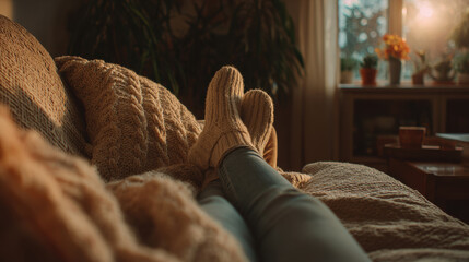 Mental health and self-care moment, calm person relaxing in cozy interior, soft light