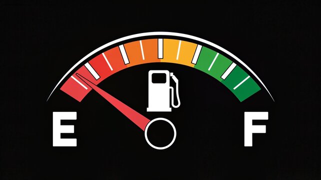 Fuel gauge with needle pointing to empty tank warning