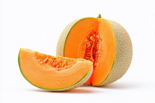 Juicy Charentais Melon Slice. Fresh Fruit with Vibrant Orange Pulp and Seeds on a Studio White Background