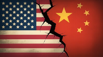 Cracked flags of USA and China symbolizing global conflict