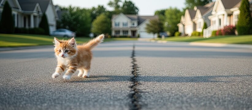 Playful young kitten is running in the park 