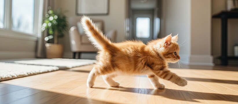 Playful young kitten is running in the house