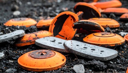 Close-up of broken orange clay targets and grey fragments scattered on a dark ground after a shooting competition