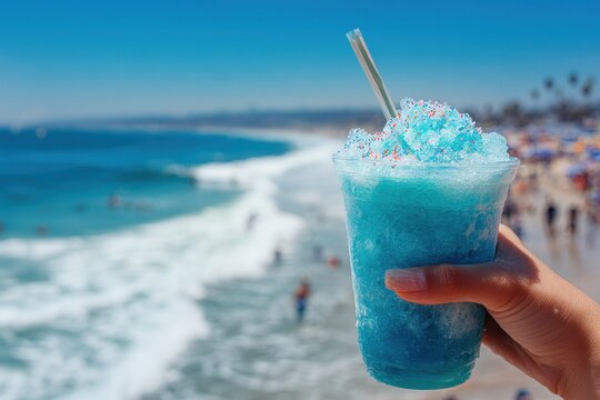 Refreshing Slurpee Delight on a Sunny Beach with Clear Blue Ocean and Happy Vacationers