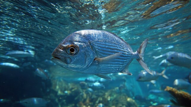 Underwater Encounter: Silvery Fish Lookdown in a Pack Against a Blue Marine Background