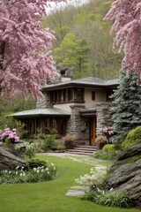 Obraz premium A house surrounded by pink trees and green plants in a garden on a sunny day in a quiet neighborhood near the mountains during springtime