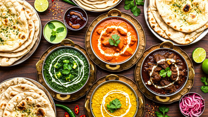 Assorted Indian cuisine delicacies displayed on a wooden table with variety of dishes and spices.