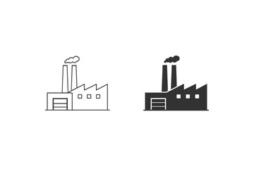 Obraz premium Simple factory building icons with smoke coming from chimneys, one line art and one solid silhouette