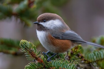 Obraz premium Boreal Chickadee: Charming Bird in Its Natural Habitat, Showcasing the Beauty of Passerine Wildlife