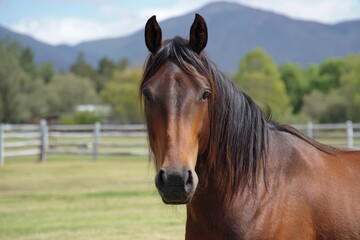 Obraz premium Paso Fino Horse Gazing in Equestrian Stud Farm Meadow Surrounded by Lush Green Fields