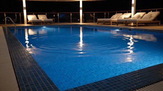 Illuminated swimming pool with loungers under the night sky