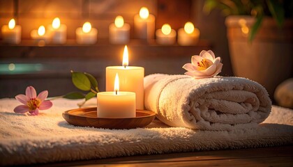 Relaxing spa day concept with hot stones, candles, flowers, and a towel in a calming environment for meditation and youthful reinvigoration