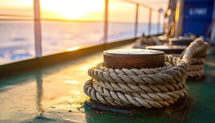 Close-up of coiled rope secured to a rusty metal bollard on a ship's deck, with a warm sunset over the horizon