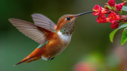 Rufous Hummingbird's Elegant Tongue in Flight: Capturing Nature's Beauty Among Vibrant Flowers